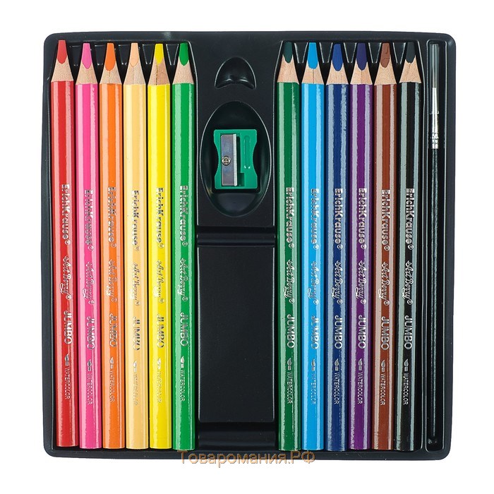 Карандаши акварельные 12 цветов ErichKrause ArtBerry Jumbo, утолщённые, трёхгранные, супермягкие, с точилкой и кисточкой, грифель 5 мм