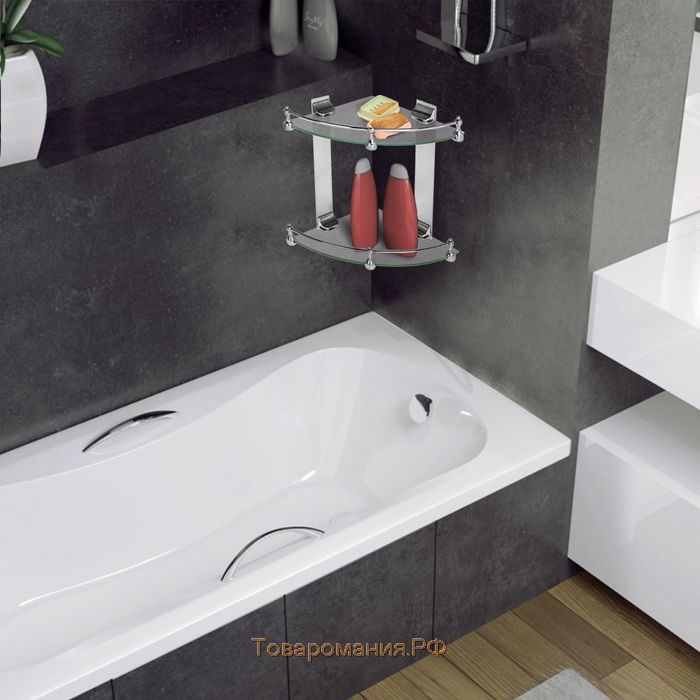Полка для ванной 2х-ярусная угловая с ограничителем "Зеркальный блеск"