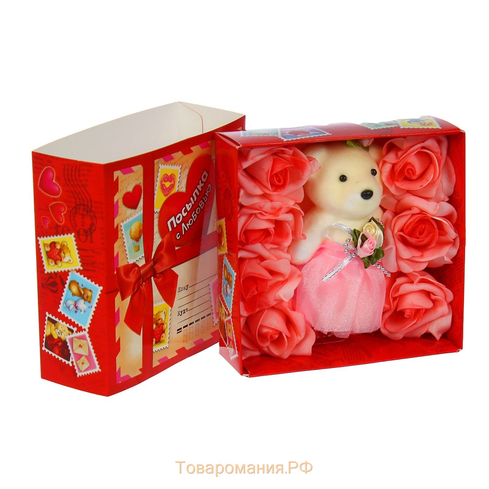 Мишка с розами в коробке "От всего сердца" 7 цветков