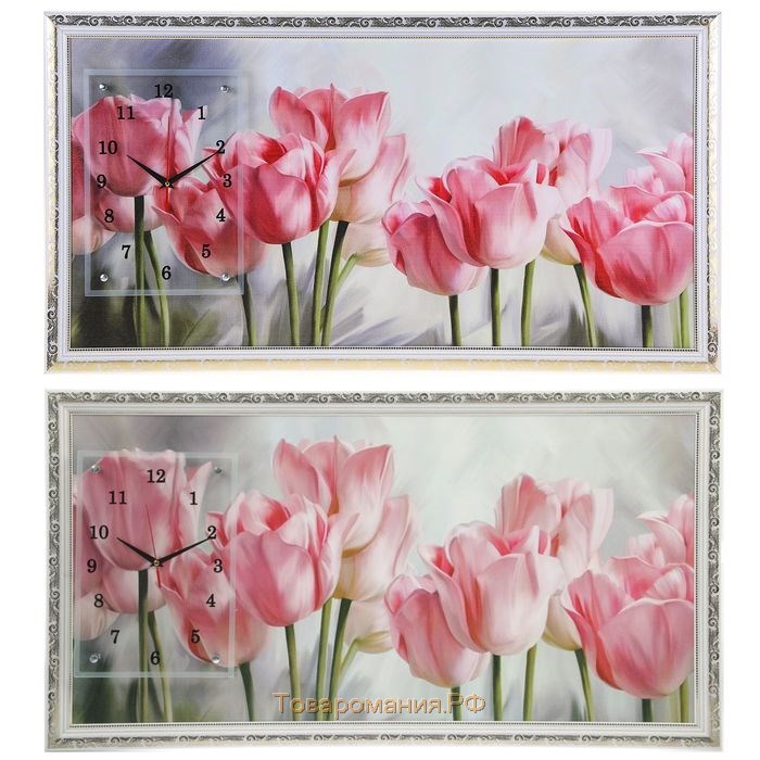 Часы-картина настенные, серия: Цветы, "Розовые тюльпаны", 50 х 100 см