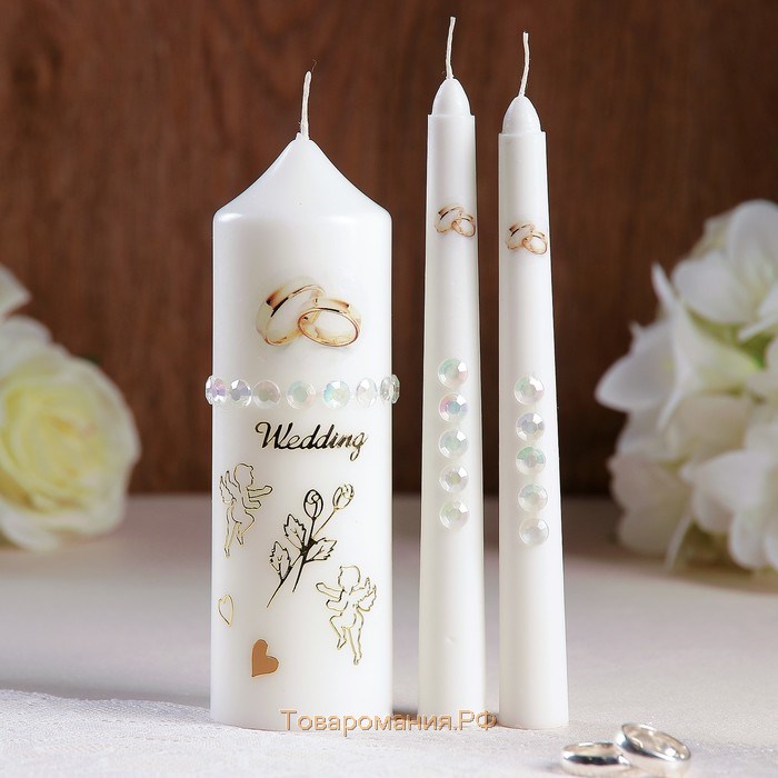 Набор свадебных свечей с бусинами "Обручальные кольца", белый, ручная работа, микс