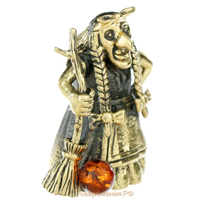 Колокольчик сувенирный «Баба Яга», латунь, янтарь, 3 × 4 см