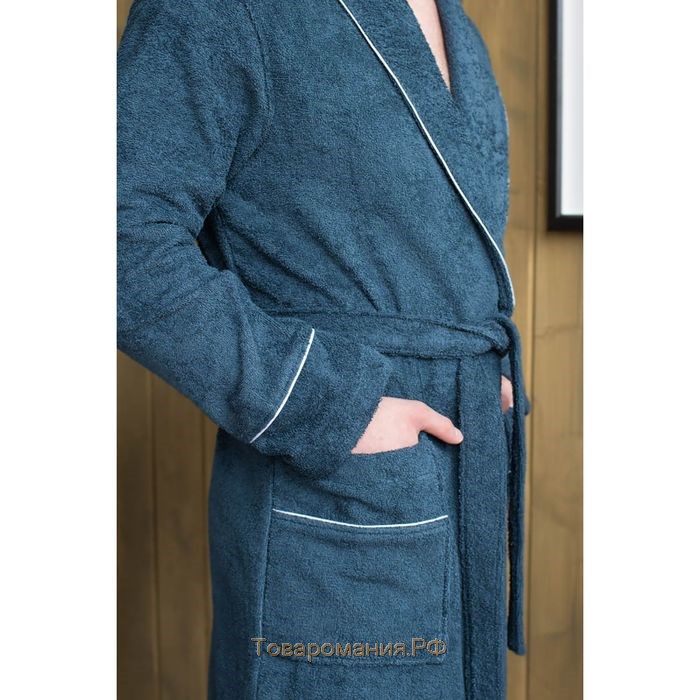 Халат мужской, шалька+кант, размер 50, тёмно-синий, махра