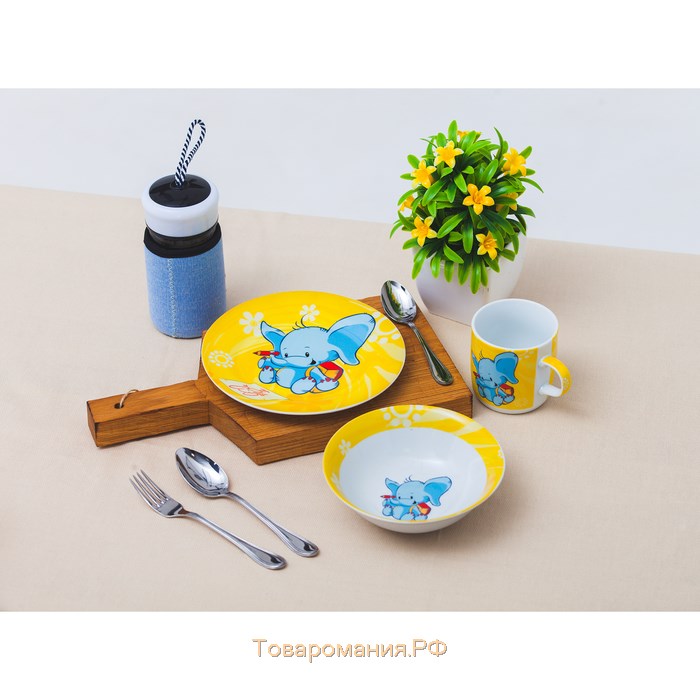 Набор детской посуды из керамики «Слонёнок», 3 предмета: кружка 230 мл, миска 400 мл, тарелка d=18 см