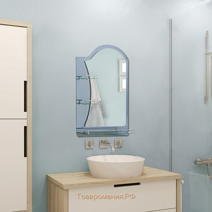 Зеркало в ванную комнату двухслойное Ассоona A623, 80×60 см, 3 полки, цвет сталь