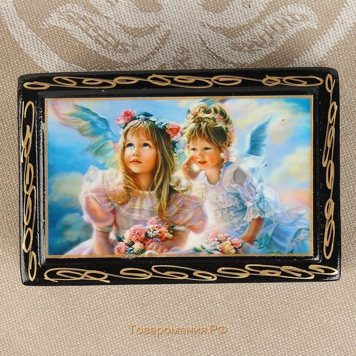 Шкатулка «Ангелочки с цветами», 6×9 см, лаковая миниатюра
