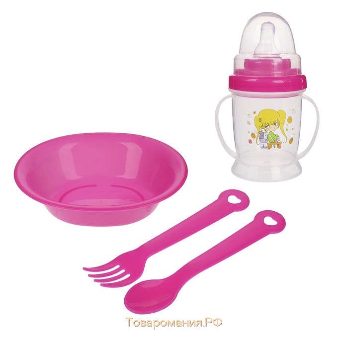Набор детской посуды, 4 предмета: миска, ложка, вилка, бутылочка 200 мл, цвета МИКС