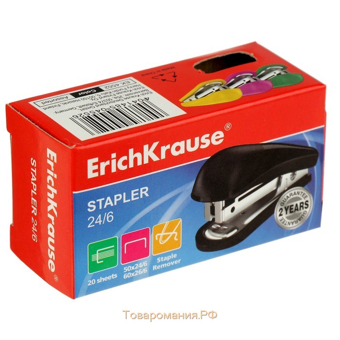 Степлер ErichKrause mini № 24/6, до 20 листов, вмещает до 50 скоб, глубина закладки бумаги до 25 мм, микс