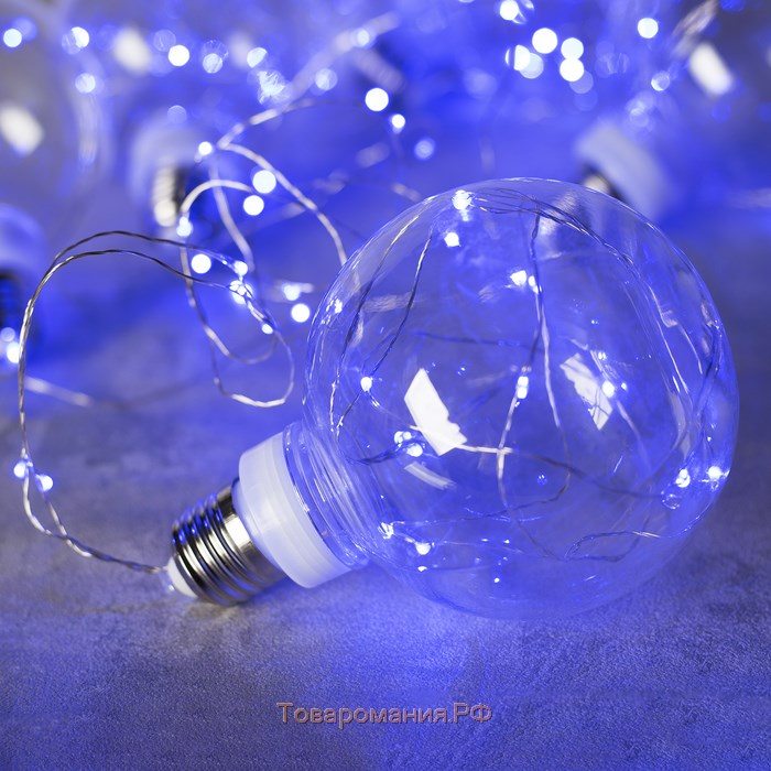 Гирлянда "Нить" с насадками "Лампочки" 2 м, 6 х10 см, 100 LED-12V, адаптер в комплекте, нить прозрачная, свечение синее