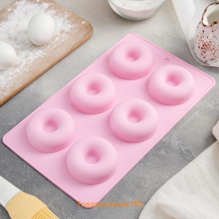 Форма силиконовая для выпечки «Сладости.Пончики», 29×17 см, 6 ячеек, d=6,8 см, цвет МИКС