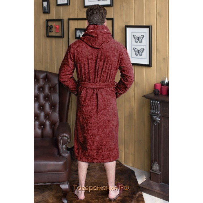 Халат мужской с капюшоном, размер 60, бордовый, махра