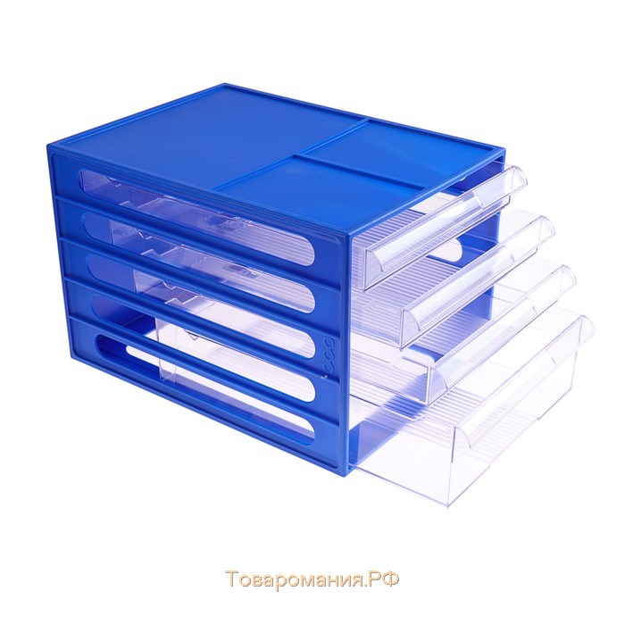 Файл-кабинет 4-секционный «СТАММ», синий корпус, прозрачные лотки