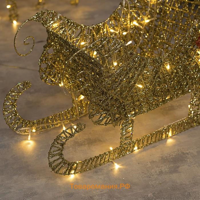 Светодиодная фигура «Олень с санями золотистый», олень: 50 × 85 × 18 см, сани: 70 × 43 × 22 см, металл, 220 В, свечение тёплое белое