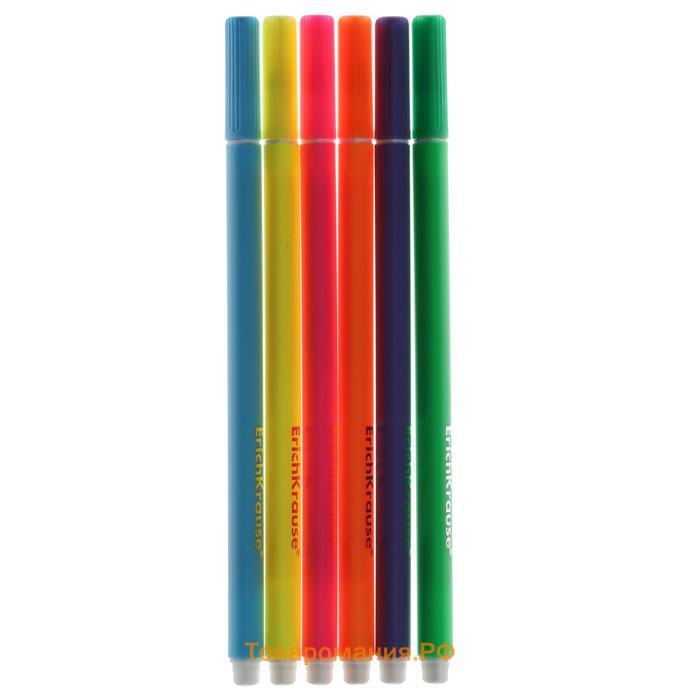 Набор ручек капиллярных 6 цветов, 0.4 мм, ErichKrause, неоновая палитра, линия 0.4 мм, трехгранный корпус, игольчатый узел, чехол с европодвесом