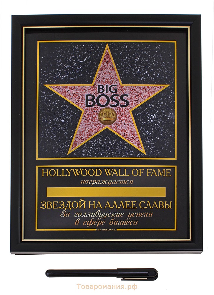 Диплом звезда в рамке Big Boss, пластик 20,5 х 28 см