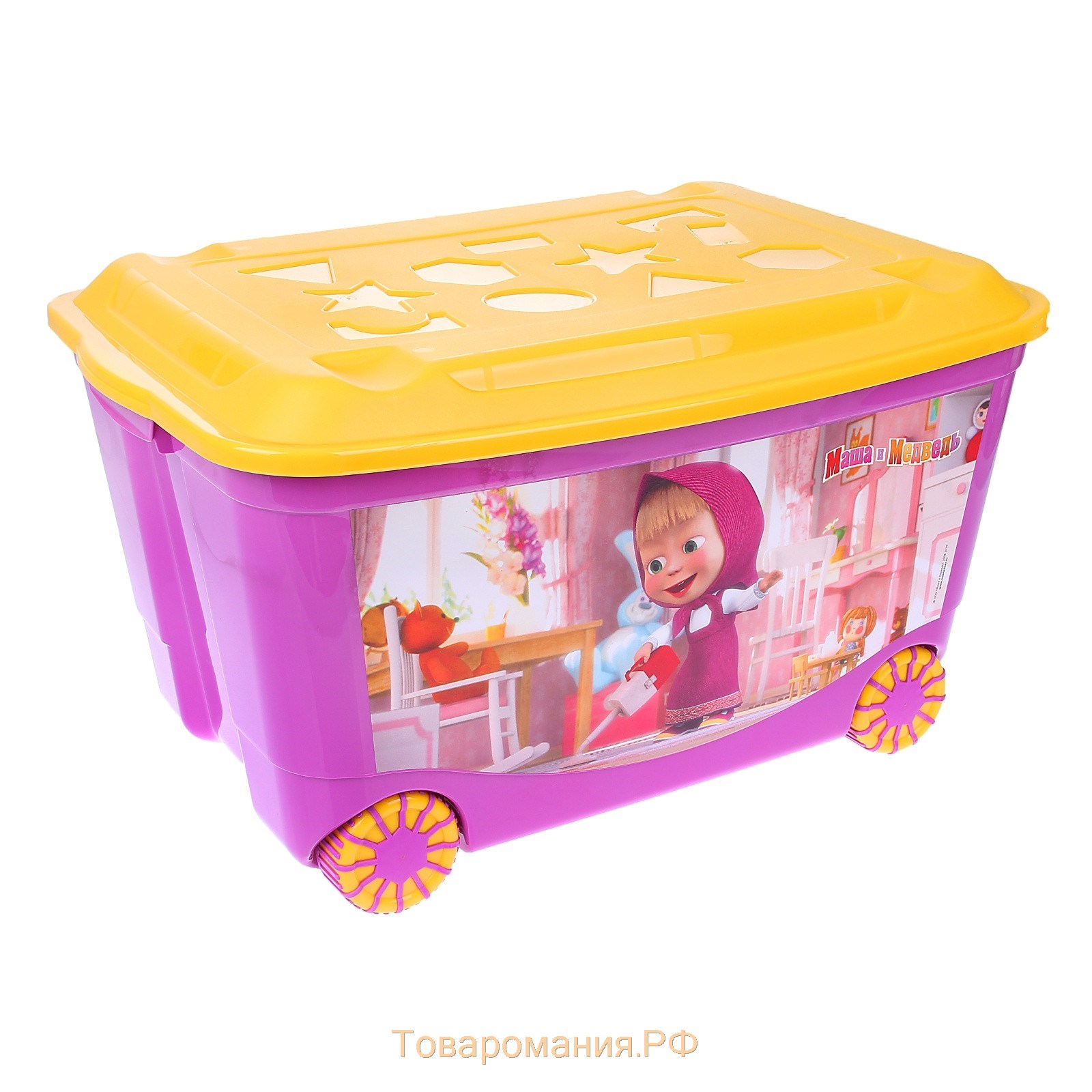 Ящик для игрушек с аппликацией "Маша и Медведь" на колёсиках, с крышкой, 50 л, цвет сиреневый, МИКС