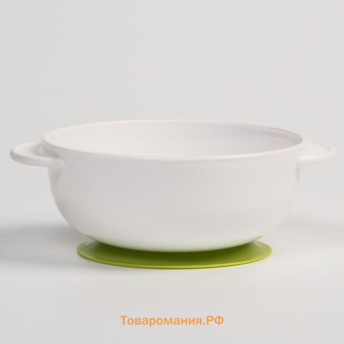 Набор детской посуды: миска на присоске 400мл., с крышкой, ложка, цвет белый/зеленый