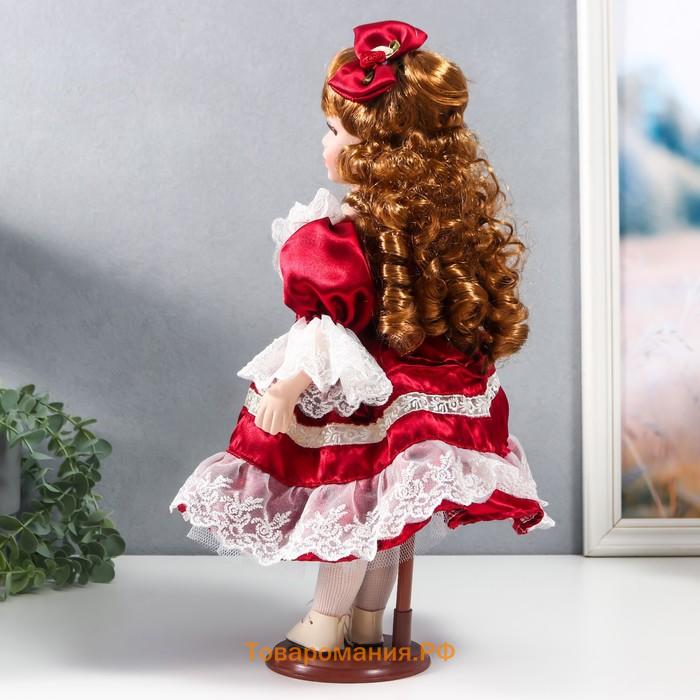 Кукла коллекционная керамика "Наташа в бордовом платье с рюшами, с бантом в волосах" 40 см