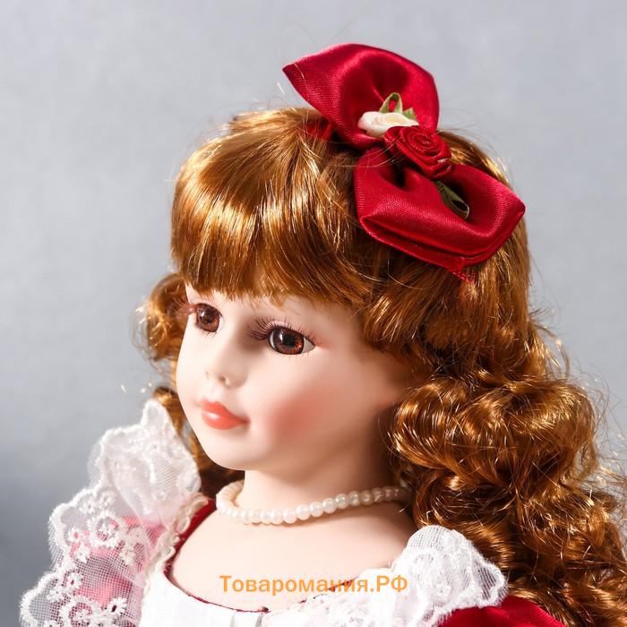 Кукла коллекционная керамика "Наташа в бордовом платье с рюшами, с бантом в волосах" 40 см