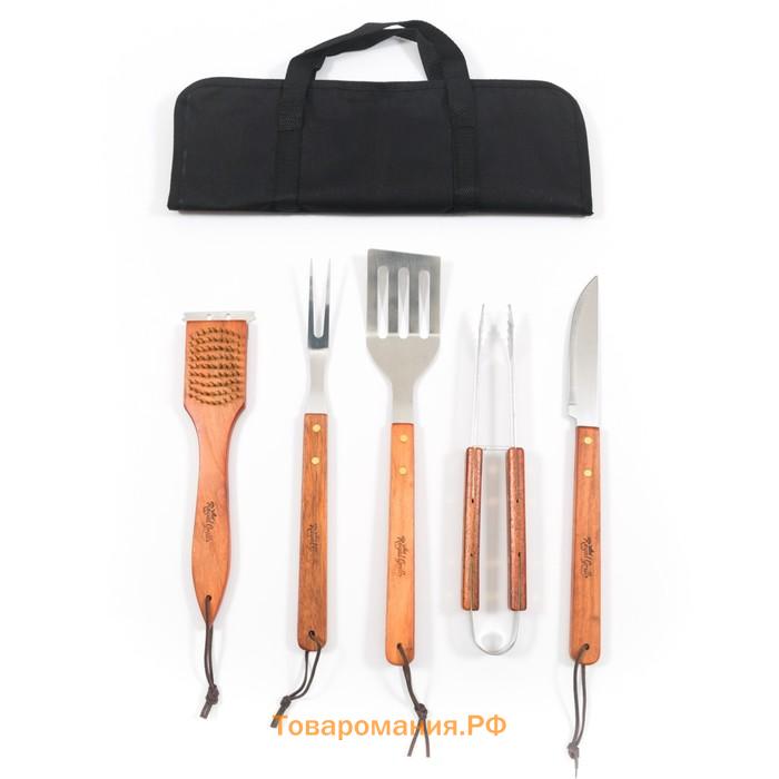 Набор аксессуаров для гриля, 5 предметов, сумка: вилка, лопатка, щипцы, щётка-скребок, нож