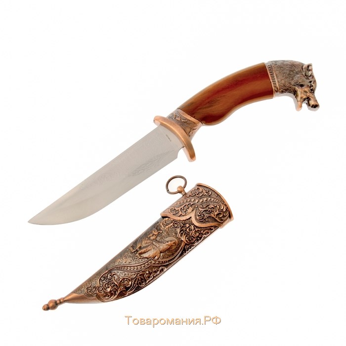 Сувенирный нож, 31 см рукоять под дерево с головой медведя, ножны расписные