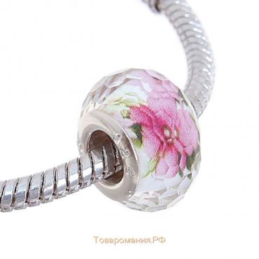 Бусина «Шиповник», цвет бело-розовый в серебре