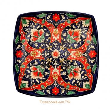 Ляган Риштанская Керамика "Цветы", 25 см, квадратный, красный