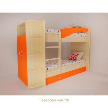 Кровать 2-х ярусная 800х1900 с ящиками и шкафом, млечный  дуб/оранж