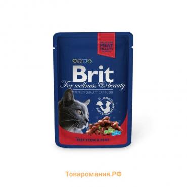 Влажный корм Brit Premium для кошек, говядина и горошек, пауч, 100 г