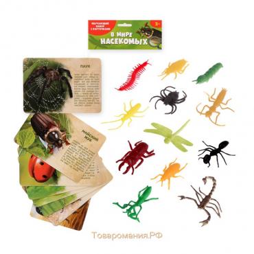 Набор животных с обучающими карточками «В мире насекомых», животные пластик, карточки, по методике Монтессори