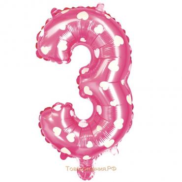 Шар фольгированный 40" «Цифра 3», сердца, индивидуальная упаковка, цвет розовый