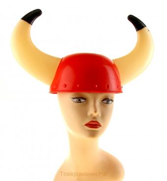 Шлем "Викинг", большие рога, цвет красный
