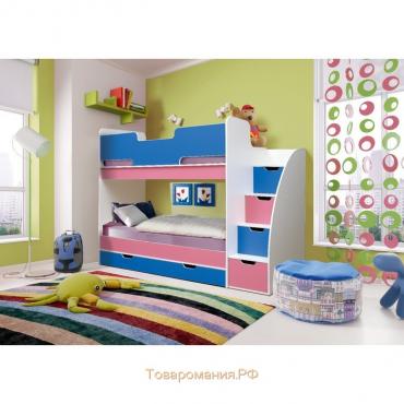 Кровать детская двухъярусная «Юниор-9», 2430×850×1750 мм, белый / синий / розовый