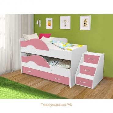 Кровать двухъярусная выкатная Матрешка Розовый/белый 800х1600 с ящиком и лестницей