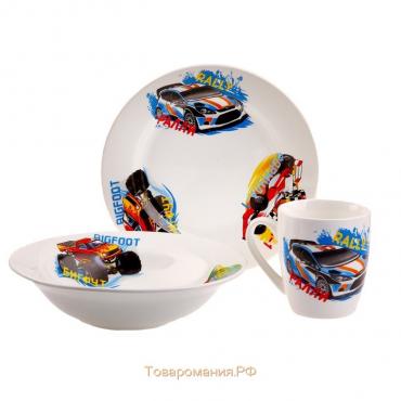 Набор детской посуды "Гонки", 3 предмета: тарелка 17,5 см, миска 250 мл (17,5 см), кружка 260 мл, рисунок МИКС