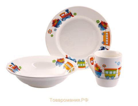 Набор детской посуды "Паровозик", 3 предмета: тарелка 17,5 см, миска 250 мл (d=17,5 см), кружка 260 мл