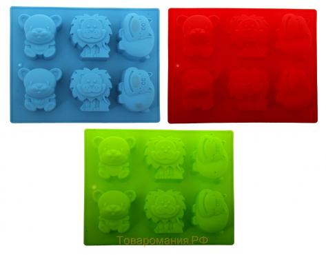 Форма для выпечки «Животные», силикон, 24×20 см, 6 ячеек (6,5×4,5 см), цвет МИКС