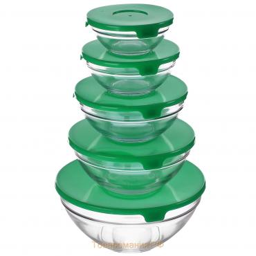 Набор стеклянных салатников «Классика», с крышками, 5 предметов: 900 мл (17×7,6 см), 500 мл (16×6 см), 350 мл (12,5×5,4 см), 200 мл (10,5×4,5 см), 130 мл (9×3,7 см), цвет зелёный