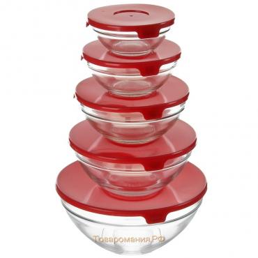 Набор стеклянных салатников «Классика» с крышками, 5 предметов: 900 мл (17×7,6 см), 500 мл (16×6 см), 350 мл (12,5×5,4 см), 200 мл (10,5×4,5 см), 130 мл (9×3,7 см), цвет красный