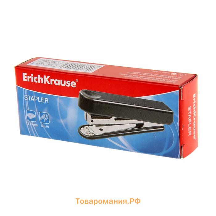 Степлер ErichKrause № 10, до 15 листов, встроенный антистеплер, вмещает до 50 скоб, глубина закладки бумаги до 51 мм, микс