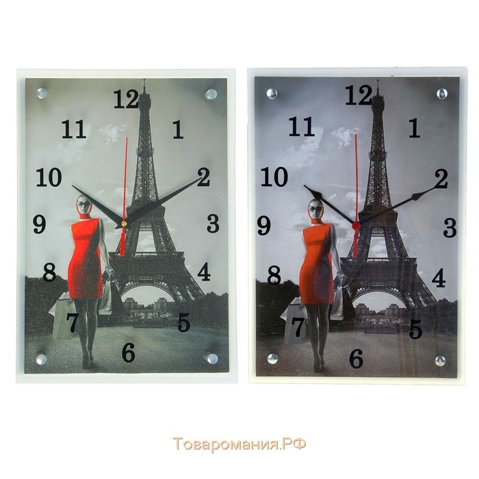 Часы-картина настенные, серия: Город, "Девушка в красном платье в Париже" 25х35 см