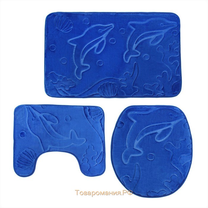 Набор ковриков для ванной и туалета «Дельфины», 3 шт, 39×43, 40×50, 50×80 см, цвет МИКС