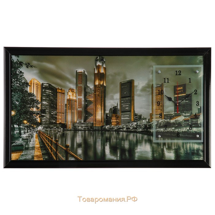Часы-картина настенные, серия: Город, "Ночной Сингапур", 50 х 100 см