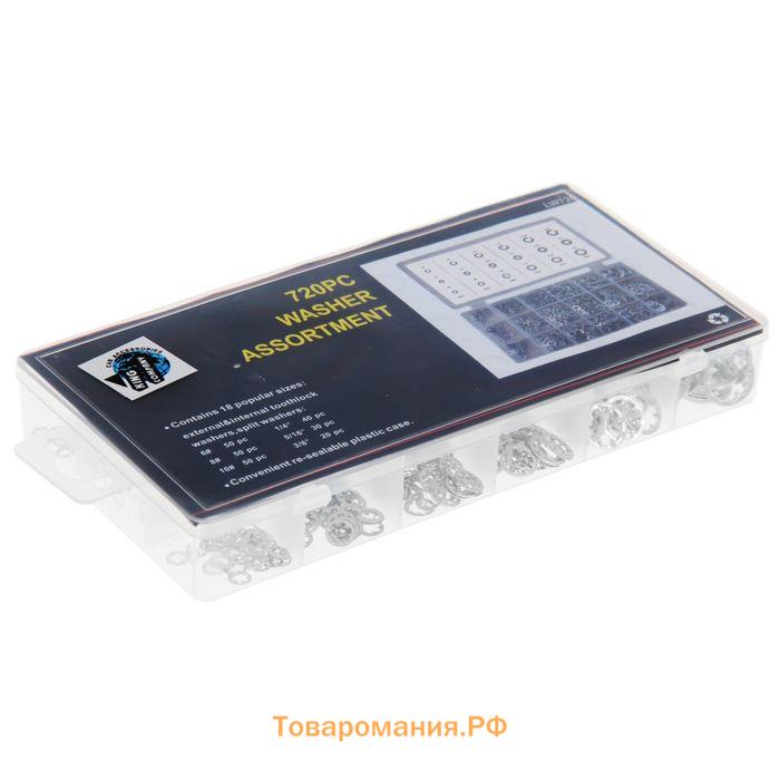 Набор шайб, 18 видов: гровер, зубчатые, стопорные, многолапчатые, 720 шт