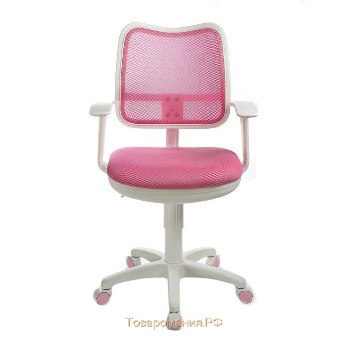 Кресло Бюрократ, с подлокотникам, розовый, спинка сетка, белый пластик, CH-W797/PK/TW-13A