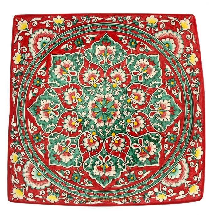 Ляган Риштанская Керамика "Цветы", 32 см, квадратный, красный