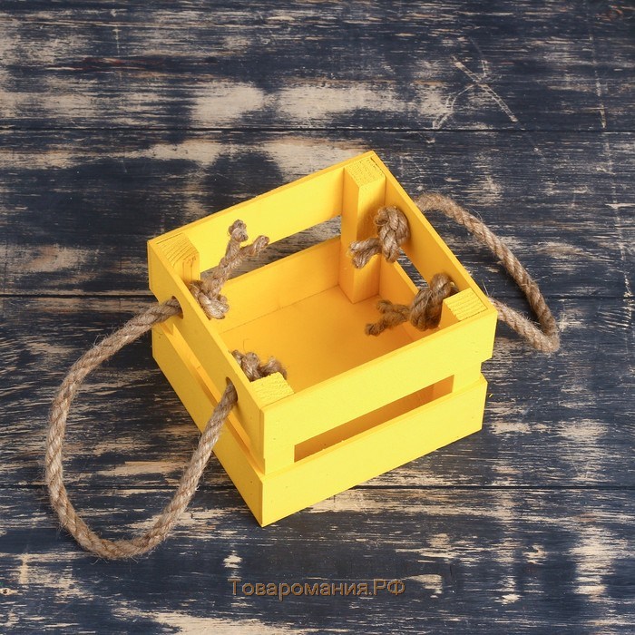 Кашпо деревянное 12×11×9 см "Однушка Лайт", двухреечное, ручка верёвка, жёлтый Дарим Красиво