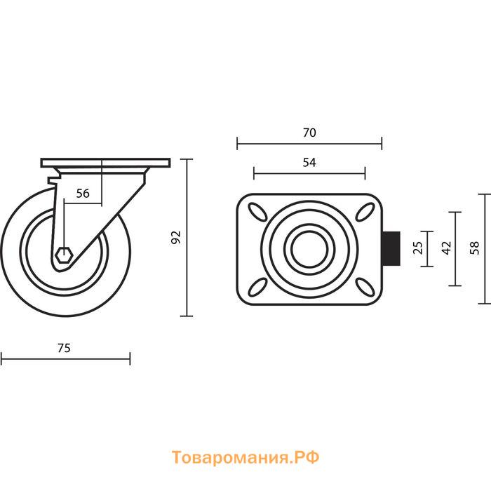 Колесо мебельное, d=75 мм, на площадке, белое