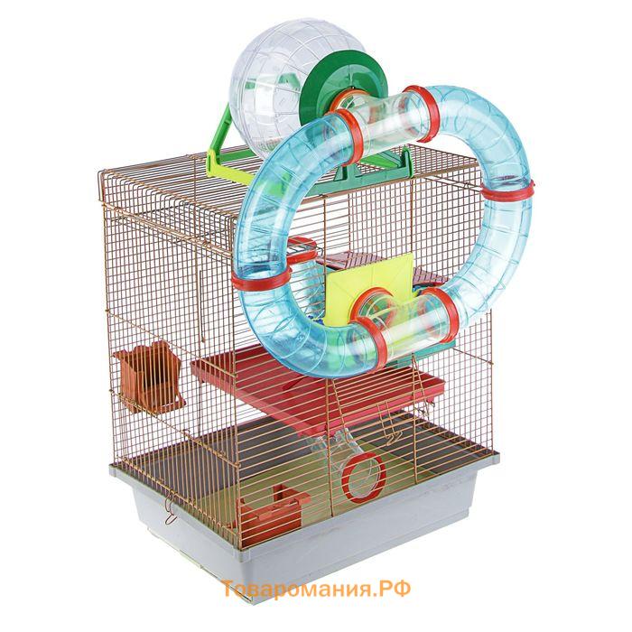 Клетка для грызунов трехярусная с лабиринтом и колесом, 39 x 29 х 64 см, микс цветов
