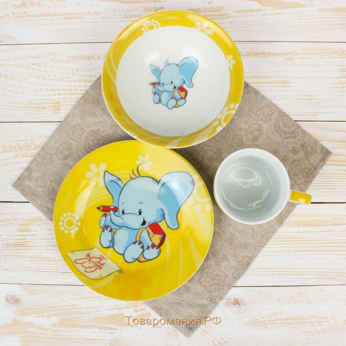 Набор детской посуды из керамики «Слонёнок», 3 предмета: кружка 230 мл, миска 400 мл, тарелка d=18 см